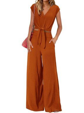 Women's Orange Summer 2 Piece Outfits Cap Sleeve V Neck Belted Crop Tops